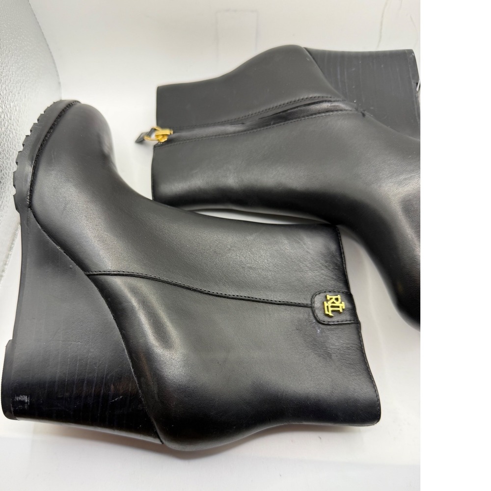 Lauren Ralph Lauren Shaley Black Leather Wedge Ankle Boots Gold Logo Size 6B - Picture 4 of 7